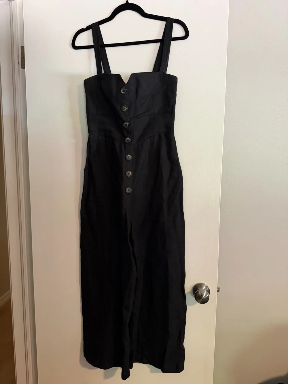 Reformation Linen Black Button-Front Wide-Leg Jumpsuit with Sweetheart Neck